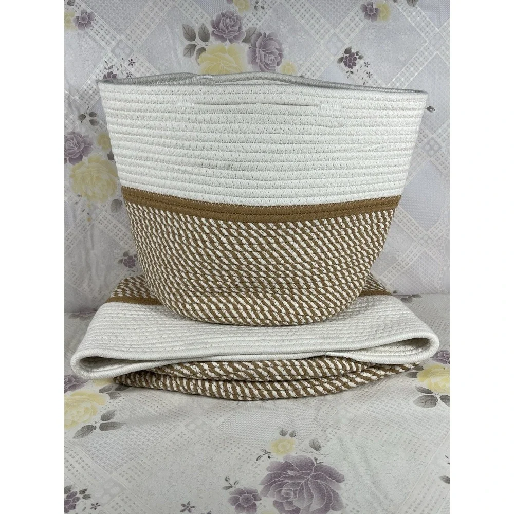 Cotton Rope Storage Basket Bins Round Foldable 3 Pack‎ Beige